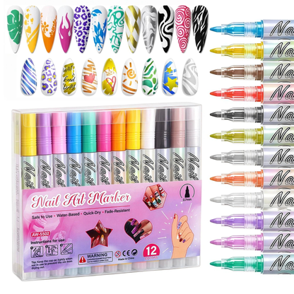 Nail Art Pens 12 Colors, 0.7mm Nail Polish Pens Set Nail Art Markers & Nail Art Kit, Quick Drying Waterproof Acrylic Paint Markers for Nail Art Design,Dotting,Liner,DIY Manicure Tools