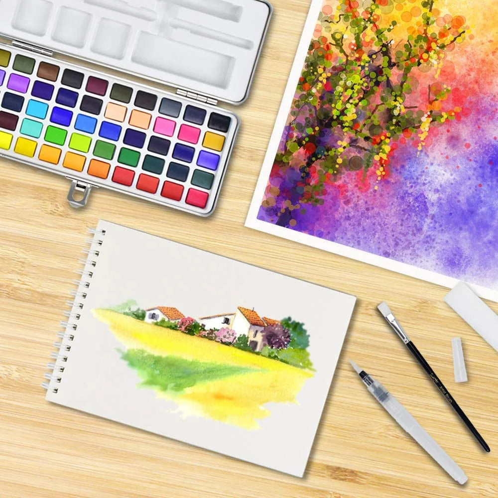 100 Colors Watercolor Paint Set - 50 Regular, 35 Metallic, 10 Macaron and 5 Fluorescent Colors - Portable with Carrying Case, Water Brush Pens,and Accessories-For Beginners and Professionals