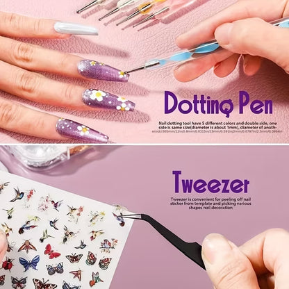 73PCS Nail Art Brushes Set,Nail Art Tools Kit,Nail Supplies with Nail Art Pens,Nail Dotting Tool,Nail Rhinestones,Nail Foil,Dust Brush,Butterfly Nail Art Sequins,Nail Stickers for Nail Art