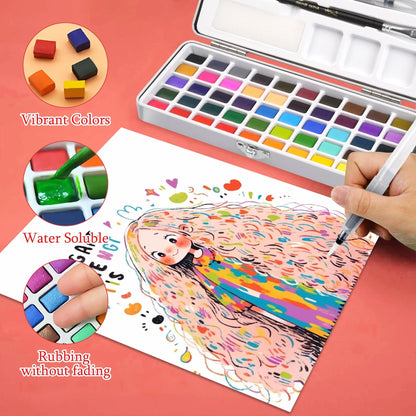 100 Colors Watercolor Paint Set - 50 Regular, 35 Metallic, 10 Macaron and 5 Fluorescent Colors - Portable with Carrying Case, Water Brush Pens,and Accessories-For Beginners and Professionals