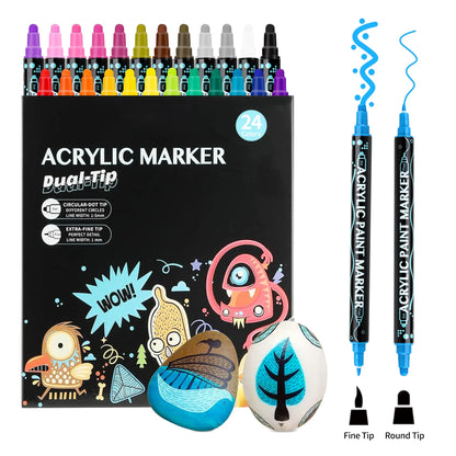 Acrylic Paint Markers, 24 Colors Dual Tip Acrylic Paint Pens for Wood, Canvas, Stone, Rock Painting, Glass, Ceramic Surfaces, DIY Crafts Making, 24 Dual Tip Acrylic Markers