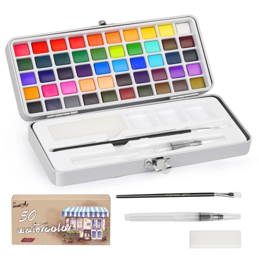 ASOVNXF Watercolor Paint Set, 50 Vivid Colors,Water Colors Paint Adult Set with Carrying Case, Palette and Accessories, Art Supplies for adults, Artists, Amateur Hobbyists and Painting Lovers