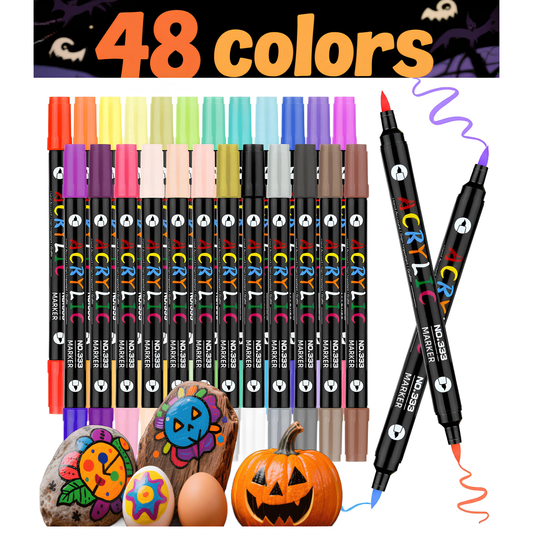 Acrylic Paint Markers,24 Pack 48 Colors Dual Tip Dual Color Acrylic Markers for Stone, Rock Painting, Paper, Pumpkin, Wood,Egg,Canvas,Ceramic,Fabric, leather,Glass,DIY Crafts,Acrylic Paint pens