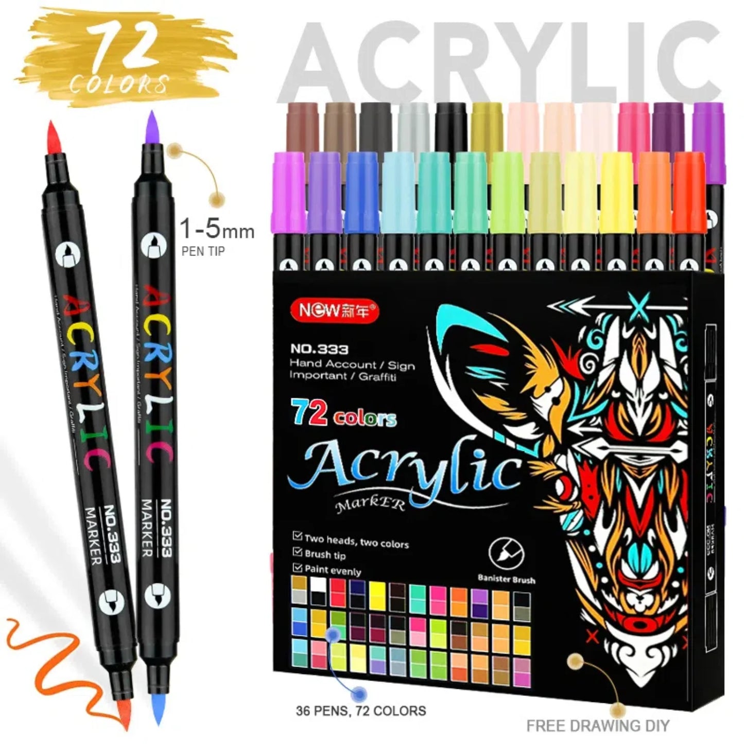 Acrylic Paint Markers,36 Pack 72 Colors Dual Tip Dual Color Acrylic Markers for Stone, Rock Painting, Paper, Pumpkin, Wood,Egg,Canvas,Ceramic,Fabric, leather,Glass,DIY Crafts,Acrylic Paint pens