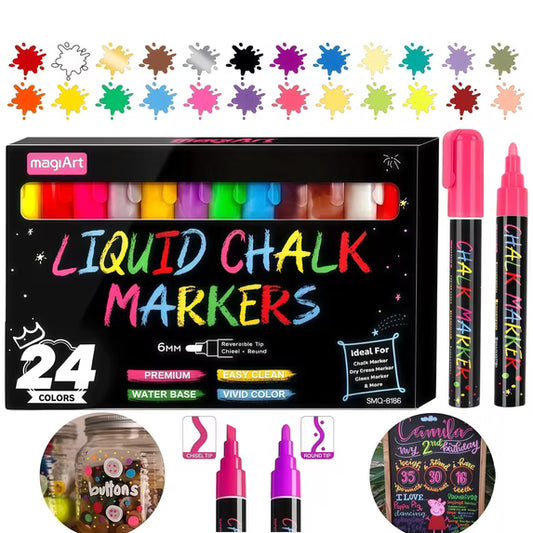 Chalk Markers, 24 Colors Liquid Chalk Markers for Blackboard, ASOVNXF Dry Erase Markers Whiteboard Markers Window Markers for Glass Washable, Chalkboards,Signs, 6mm Reversible Tip