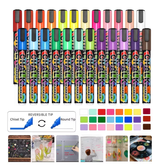 Chalk Markers,24 Pack Dry Erase Markers Fine Tip,Liquid Chalk Markers for Blackboard,Windows,Glass,Washable Chalkboard Markers with Reversible Tip,Whiteboard Markers Window Marker Erasable Pens