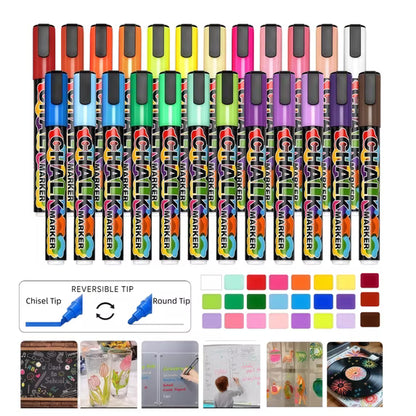 Chalk Markers,24 Pack Dry Erase Markers Fine Tip,Liquid Chalk Markers for Blackboard,Windows,Glass,Washable Chalkboard Markers with Reversible Tip,Whiteboard Markers Window Marker Erasable Pens