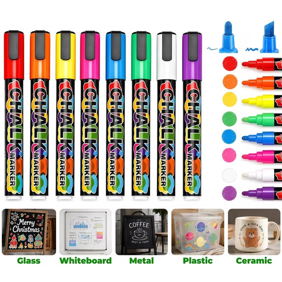 Chalk Markers, 8 Vibrant Dry Erase Markers Fine Tip,Liquid Chalk Markers for Blackboard,Windows, Glass, Chalkboard Markers with Reversible Tip,Whiteboard Markers Window Markers Erasable Pens