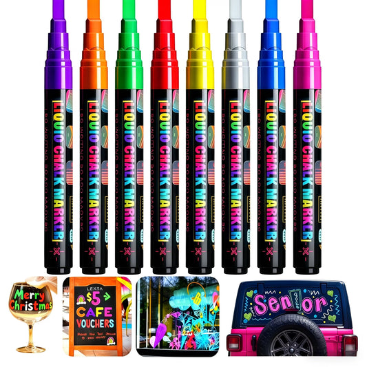Liquid Chalk Markers for Blackboard, 8 Colors Jumbo Window Dry Erase Markers for Cars Glass Washable, Chalkboard Markers Window Paint Pen with 4-7mm 3 in 1 Nib Wide Tip for Auto, Mirror, Poster