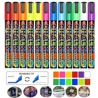 Liquid Chalk Markers, Dry Erase Markers Fine Tip,Erasable Chalk Markers for Blackboard,Windows, Glass, Chalkboard Markers with Reversible Tip,Whiteboard Markers Window Markers,12 Pack,6mm