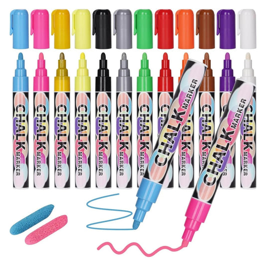 Liquid Chalk Markers Pens - 12 Colors Washable & Wet Erase Neon Chalk Makers for Blackboard, Chalkboard Signs, Glass Window, Graduation Celebration Art Diy Craft - Erasable Window Markers for Cars