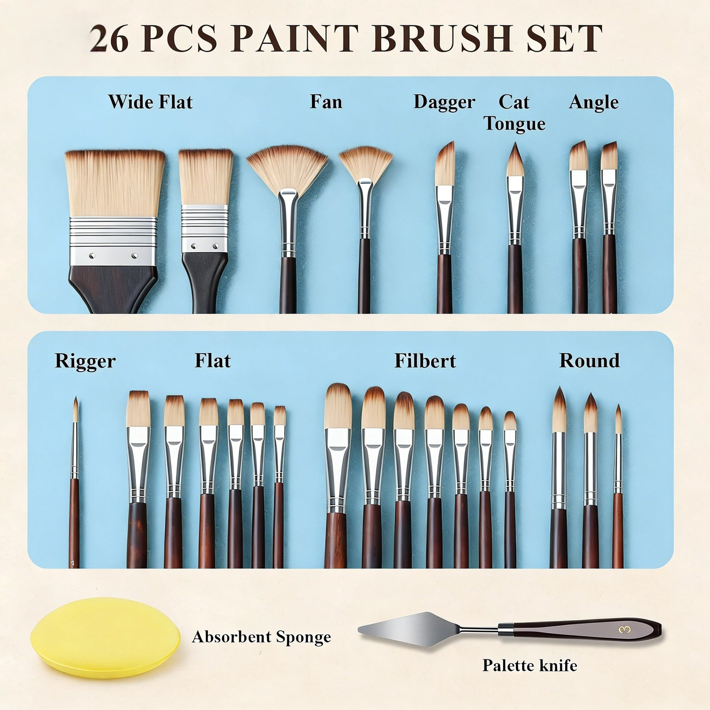 Paint Brushes for Acrylic Painting,ASOVNXF 26PCS Professional Nylon Hair Artist Paint Brush Set with Flat,Filbert,Fan,Dagger,Round,Cat Tongue,Palette Knife for Acrylic,Watercolor,Oil Painting