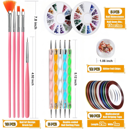 Nail Art Tools Set, ASOVNXF Nail Art Brushes Set, Nail Design Kit, Nail Supplies with 15pcs Nail Painting Brushes, Nail Dotting Tool, Nail Foil, Manicure Tape, Color Rhinestones for Nails Pink