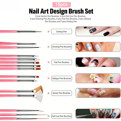 Nail Art Tools Set, ASOVNXF Nail Art Brushes Set, Nail Design Kit, Nail Supplies with 15pcs Nail Painting Brushes, Nail Dotting Tool, Nail Foil, Manicure Tape, Color Rhinestones for Nails Pink