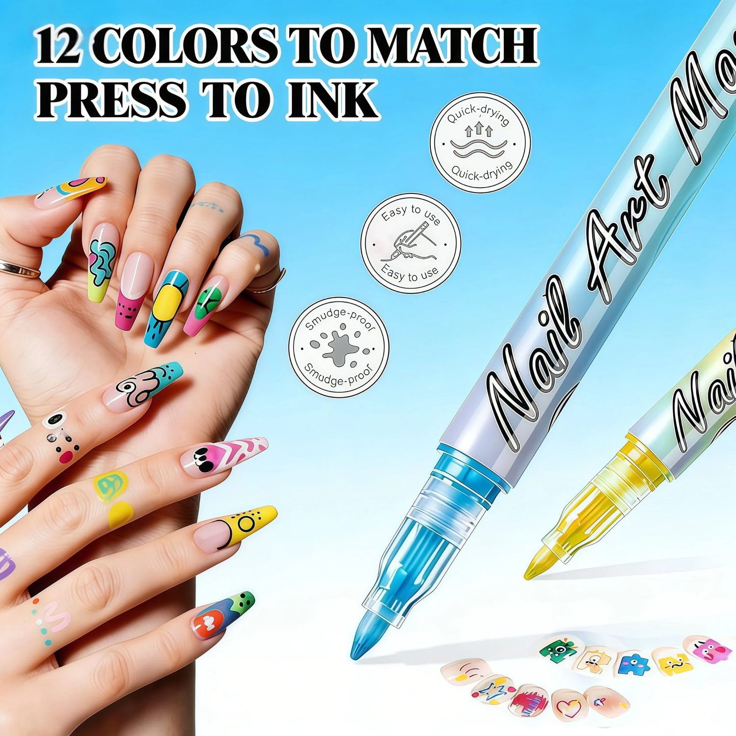 Nail Art Pens 12 Colors, 0.7mm Nail Polish Pens Set Nail Art Markers & Nail Art Kit, Quick Drying Waterproof Acrylic Paint Markers for Nail Art Design,Dotting,Liner,DIY Manicure Tools
