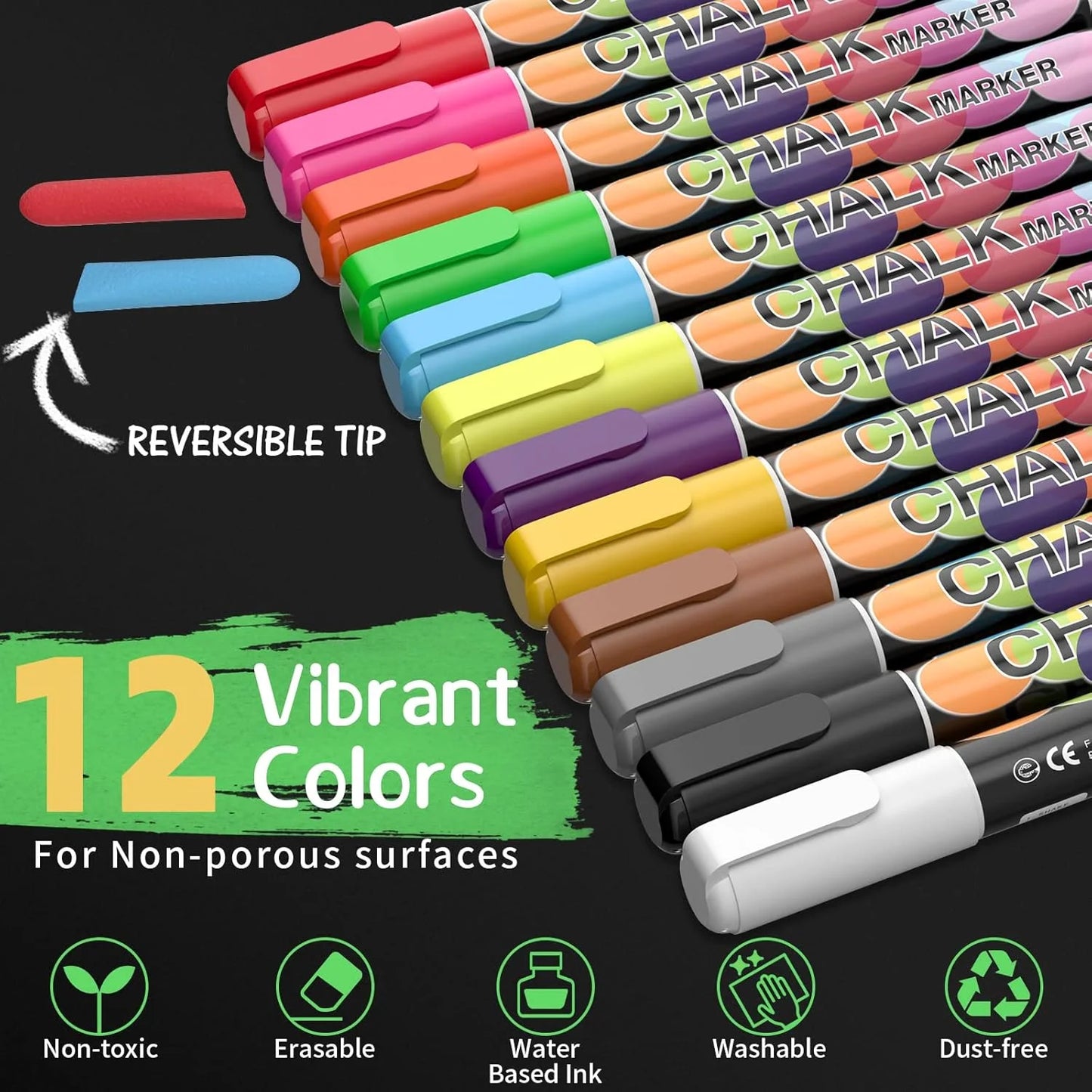 Liquid Chalk Markers Pens - 12 Colors Washable & Wet Erase Neon Chalk Makers for Blackboard, Chalkboard Signs, Glass Window, Graduation Celebration Art Diy Craft - Erasable Window Markers for Cars