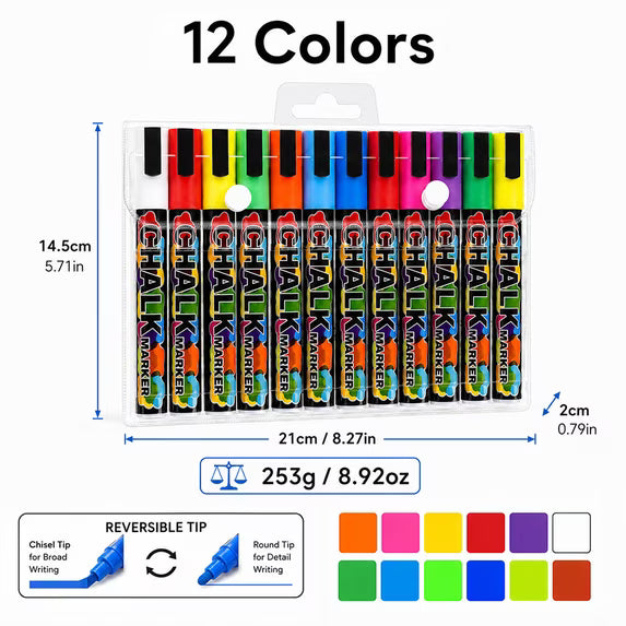 Liquid Chalk Markers, Dry Erase Markers Fine Tip,Erasable Chalk Markers for Blackboard,Windows, Glass, Chalkboard Markers with Reversible Tip,Whiteboard Markers Window Markers,12 Pack,6mm