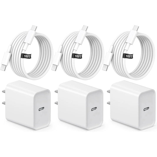 for iPhone16 15 Charger, 3 Pack 20W USB-C Fast Wall Charger With 10ft C to C Cable Compatible for iPhone 16/16 Pro/16 Pro Max/16 Plus/15 Series/iPad Air/iPad Pro and More